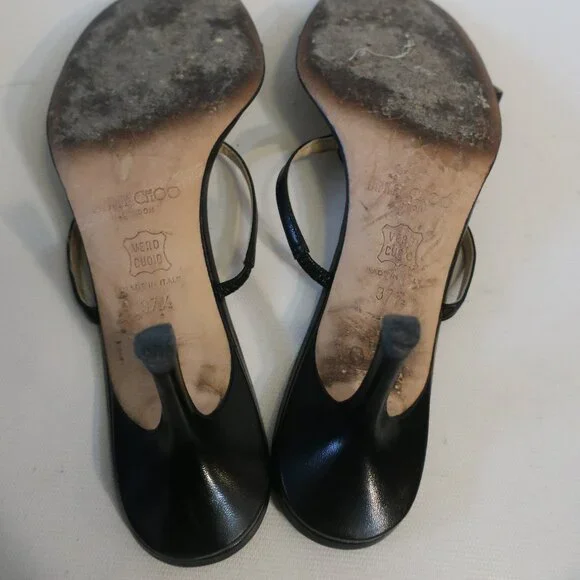 Womens Jimmy Choo Black Leather Strappy Slip-On Heels 37.5 US/7.5 - Picture 7 of 12